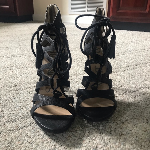 Sam & Libby Shoes - Sam&Libby faux snakeskin cage heels w/ tassel ties